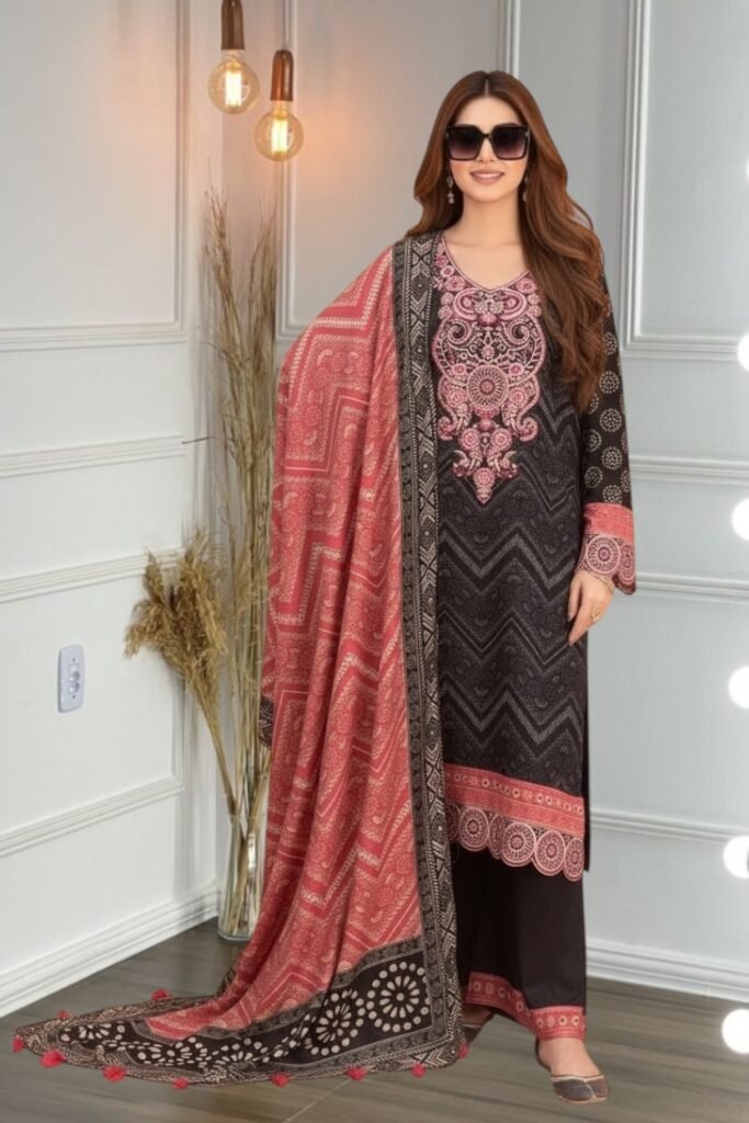 3PC Linen Suit-Embroidered & Printed (Unstitched)
