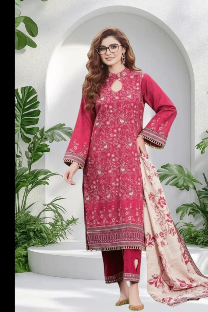 3PC Khaddar Suit-Embroidered & Printed (Unstitched)