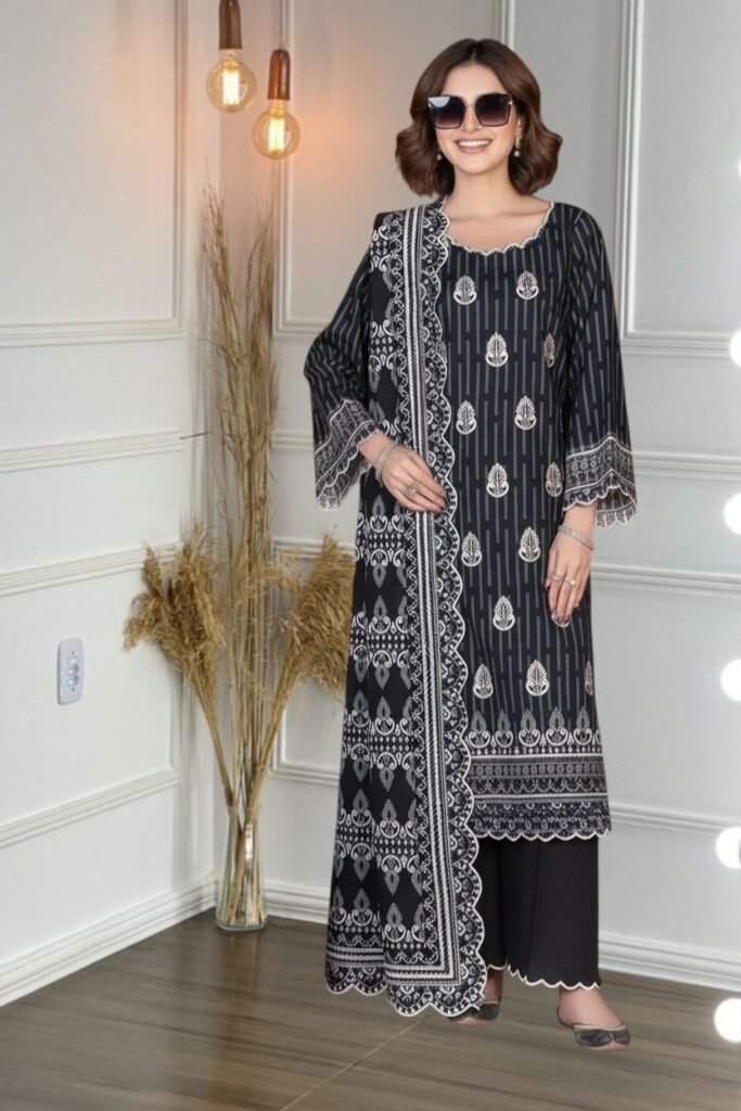 3PC Khaddar Suit-Embroidered & Printed (Unstitched)