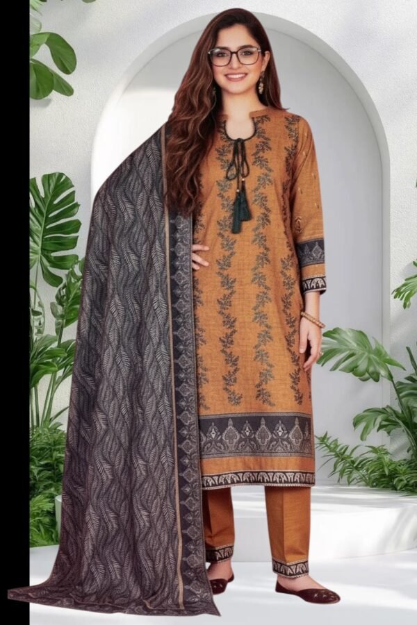 3PC Khaddar Suit-Embroidered & Printed (Unstitched)