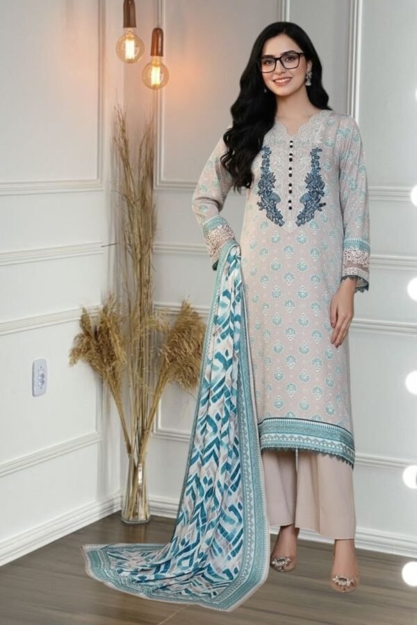 3PC Kotail Linen Suit-Embroidered & Printed (Unstitched)