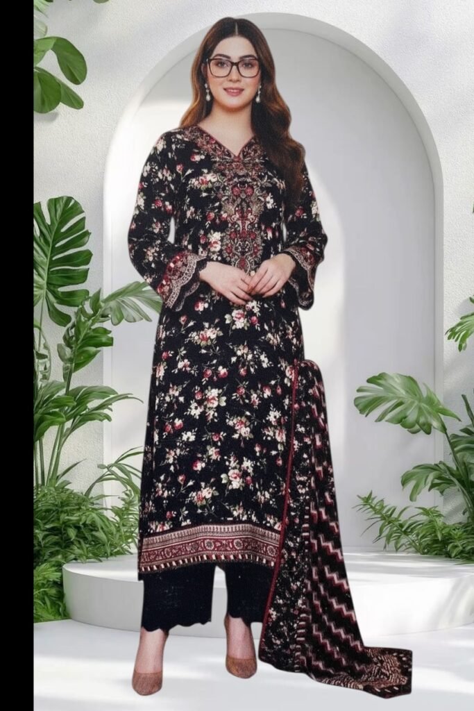3PC Kotail Linen Suit-Embroidered & Printed (Unstitched)