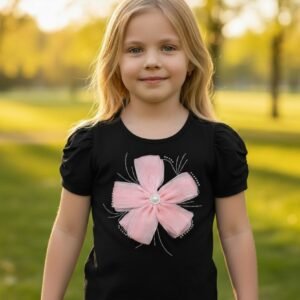 Girls Jersey Cotton Shirt with Pink Aplaqe Flower Imported (KK1065)