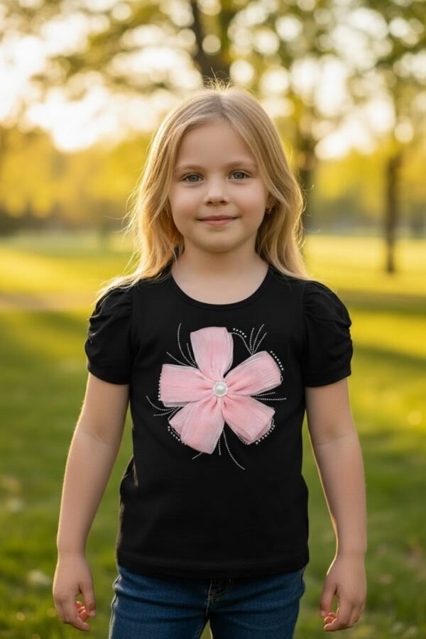 Girls Jersey Cotton Shirt with Pink Aplaqe Flower Imported (KK1065)