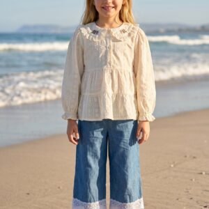 2PC Suit, Chicken Kari Lawn Cotton Frock with Embroidered Flowers & Jeans Pant Imported (KK1070)
