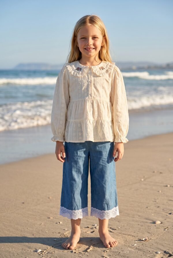 2PC Suit, Chicken Kari Lawn Cotton Frock with Embroidered Flowers & Jeans Pant Imported (KK1070)