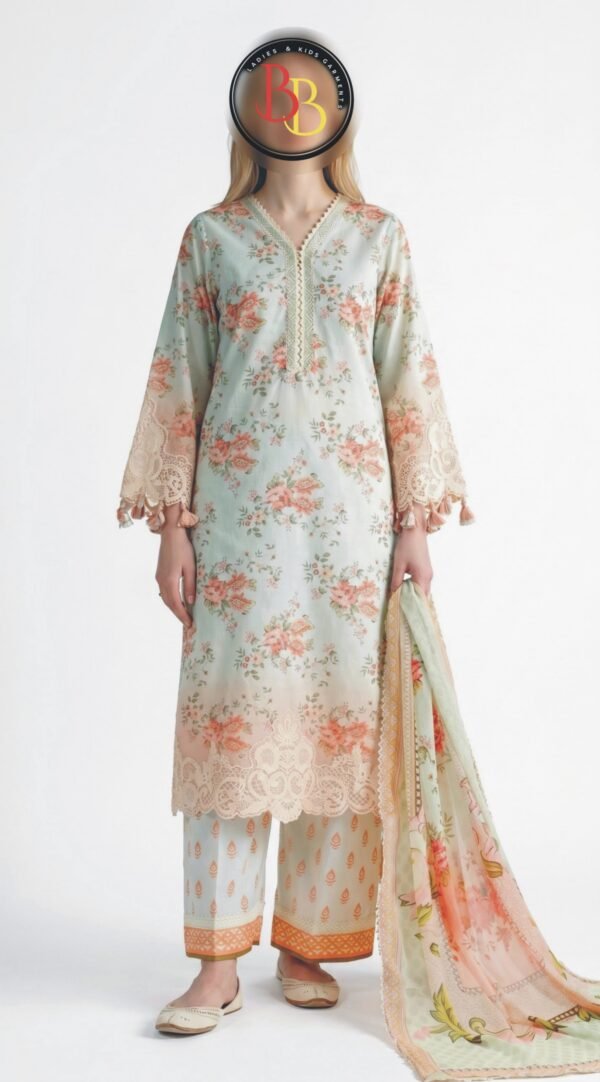 3PC Lawn Suit-Embroidered & Printed (Unstitched) (LS1107)