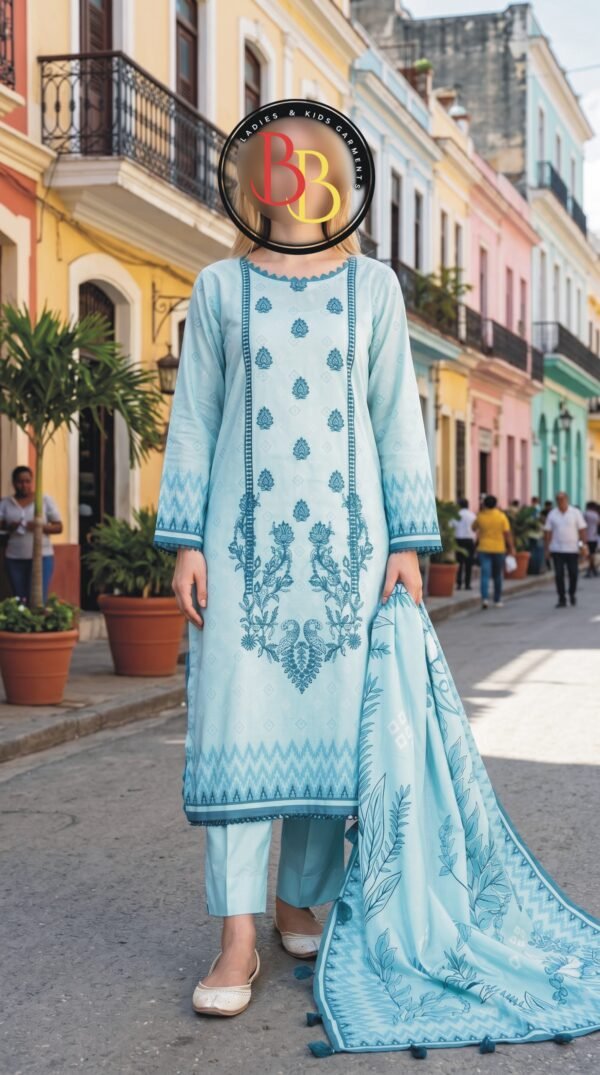 3PC Lawn Suit-Embroidered & Printed (Unstitched) (LS1119)