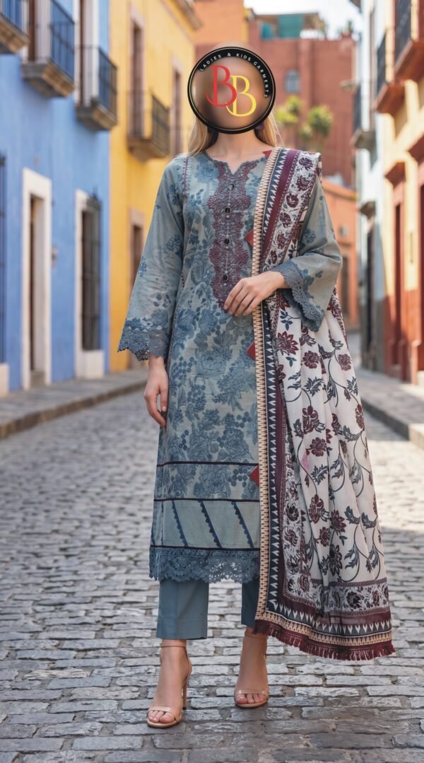 3PC Cambric Suit-Embroidered & Printed (Unstitched) (LS1120)