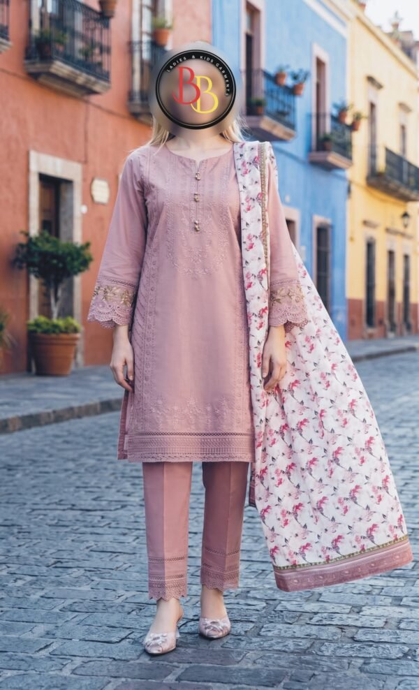 3PC Cambric Suit-Embroidered & Printed (Unstitched) (LS1121)